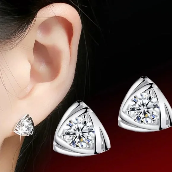 Sterling Silver 925 Triangle Diamond Earrings - Picture 3 of 3
